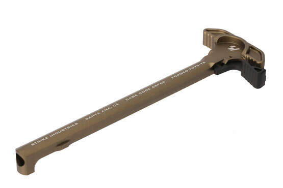 The Strike Industries ARCH charging handle with extended latch has a flat dark earth anodized finish